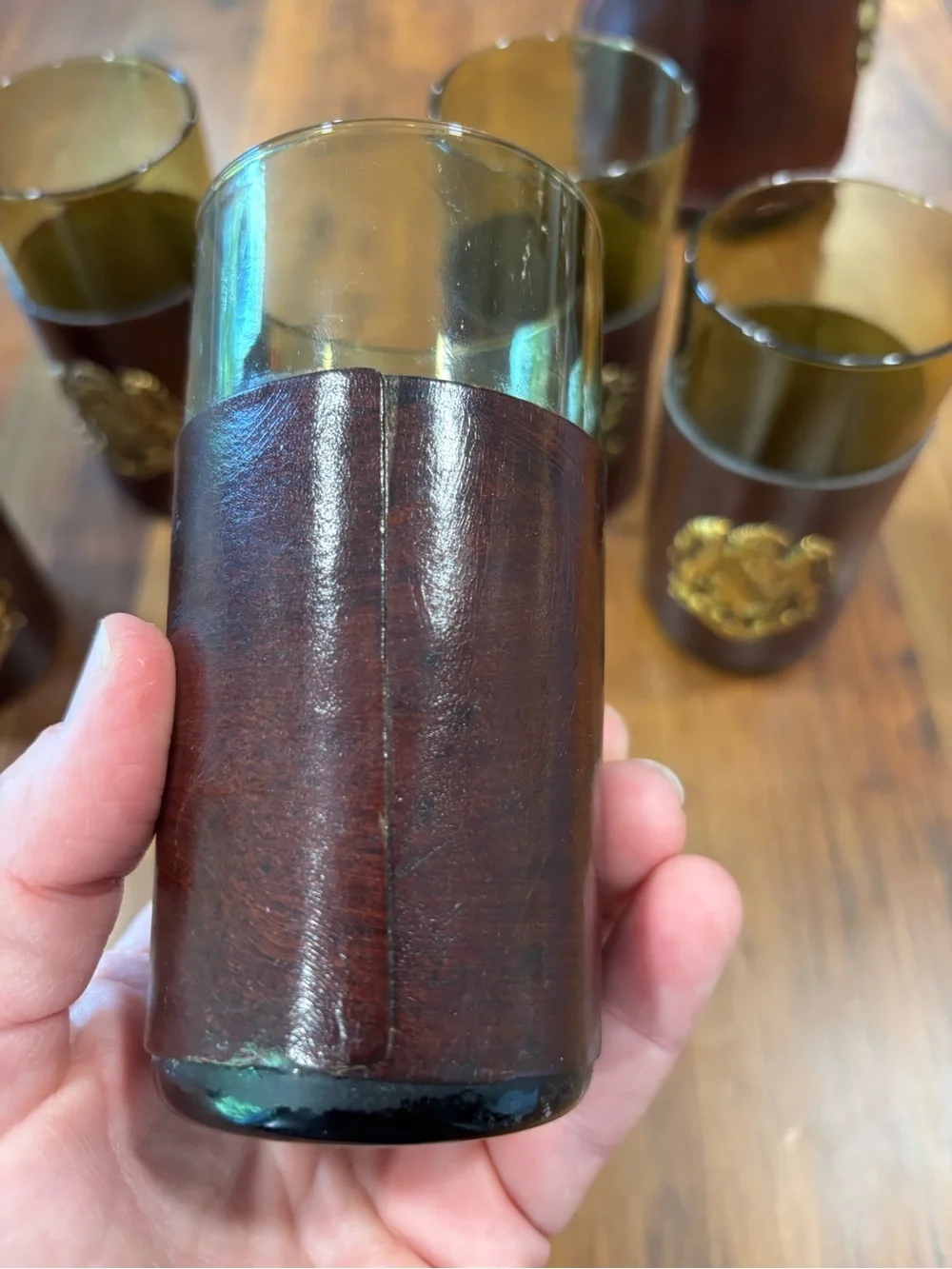 Vintage Italian Leather Wrapped Green Glass Pitcher & 5 Cocktail Glasses Set